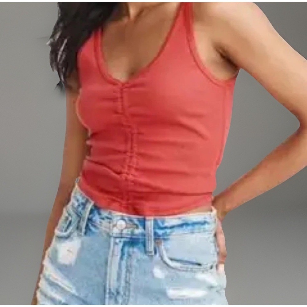 Y2K Abercrombie & Fitch Red Orange Cotton Blend V-Neck Ruched Tank Top Women's S